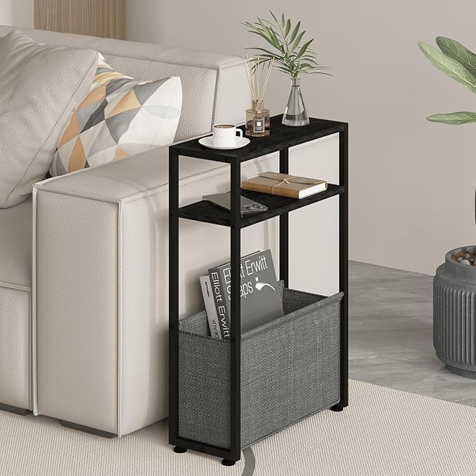 Narrow Side Table, Slim End Tables with Fabric Basket, Skinny Table for Small Spaces, Thin Bedside Table for Living Room, Bedroom (1, Ebony Black + Slate Gray)