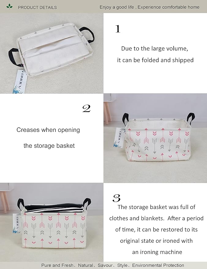 Rectangular Folding Laundry Basket,waterproof Canvas Basket,gift basket,Suitable for children's room,Office,Clothes,Toys Storage (Pink Arrow)