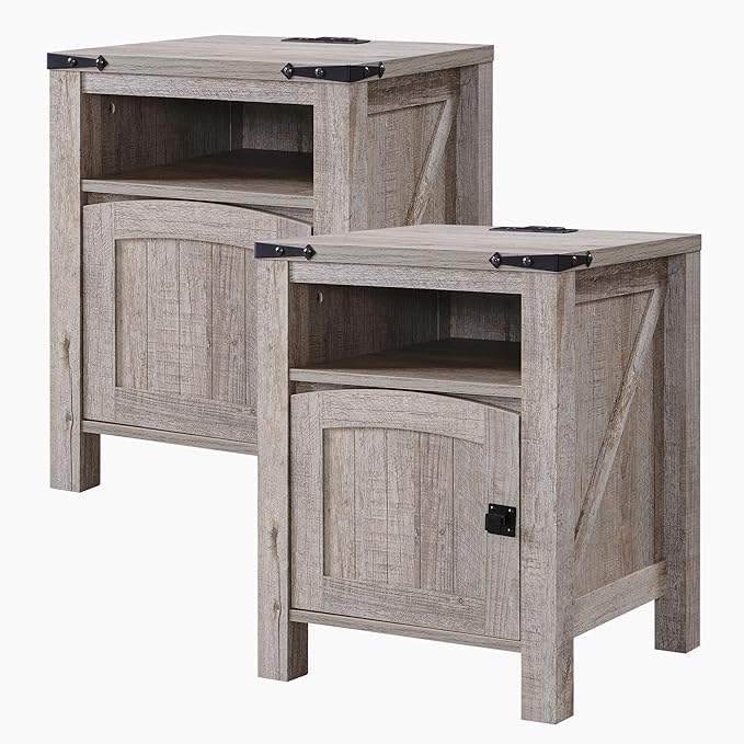 OKD Nightstand with Charging Station Set of 2, 18 Inchs Farmhouse End Table with Adjustable Storage Shelf, Rustic Wood Sofa Side Table for Bedroom