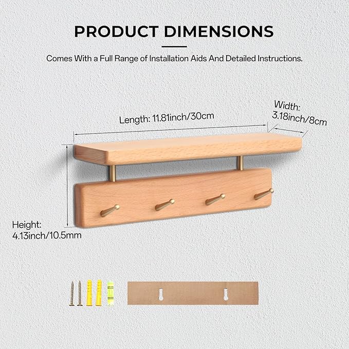 Shelf with Hooks, Solid Wood Bedroom Shelves for Wall, Wooden Coat Rack Wall Mount for Bathroom, Kitchen, Door Entryway (Beech, 30cm/11.81inch)