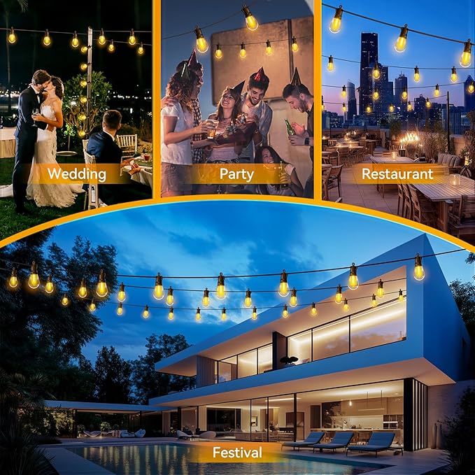 Outdoor String Lights Patio LED Light Outside - 60M 58+2 S14 LED Dimmable 200ft Porch Lighting IP65 Waterproof