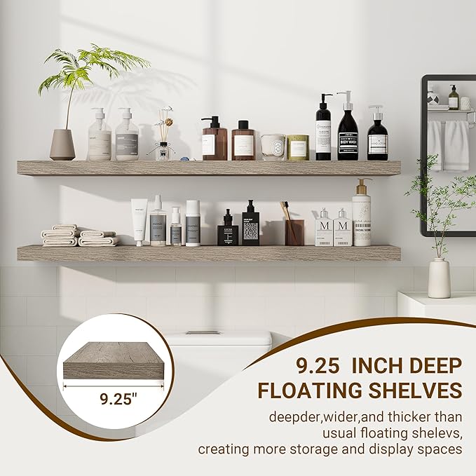 48 Inch Floating Shelves, 3D Textured Wood Grain, 48"x9.25"x1.5" Inch Deep Floating Shelves for Wall, Wooden Shelves for Bathroom, Bedroom, Living Room, Vintage Gray Oak