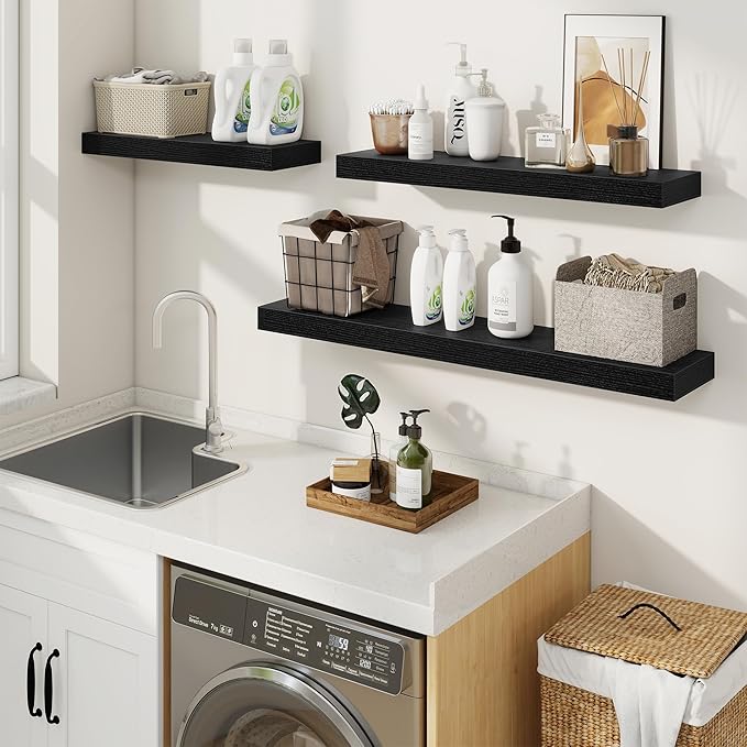 fuqing Floating Shelves for Wall, Bathroom Shelf Wall Mounted for Storage, Shelves with Invisible Bracket for Bedroom, Kitchen, Living Room, Farmhouse Small Book Shelf, 16 Inch Set of 2, Black