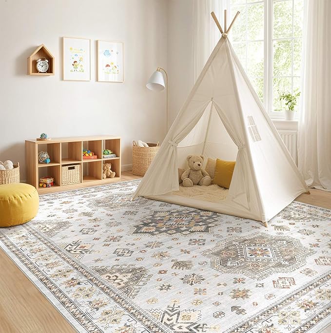 Washable Area Rugs for Living Room -9x12 Neutral Vintage Distressed Floral Farmhouse Boho Large Soft Floor Rug Indoor Non Slip Carpet for Living Room Bedroom Dining Room Office - Blue Brown