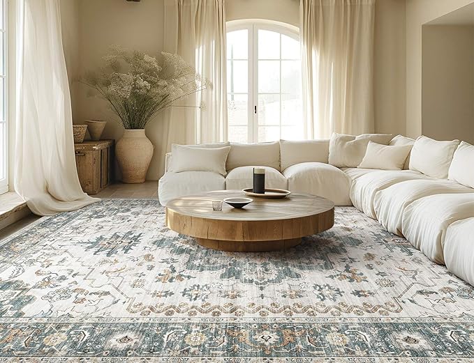 Washable Area Rugs for Living Room - 5x7 Neutral Vintage Distressed Floral Farmhouse Boho Large Soft Floor Rug Indoor Non Slip Carpet for Living Room Bedroom Dining Room Office - Green/Grey