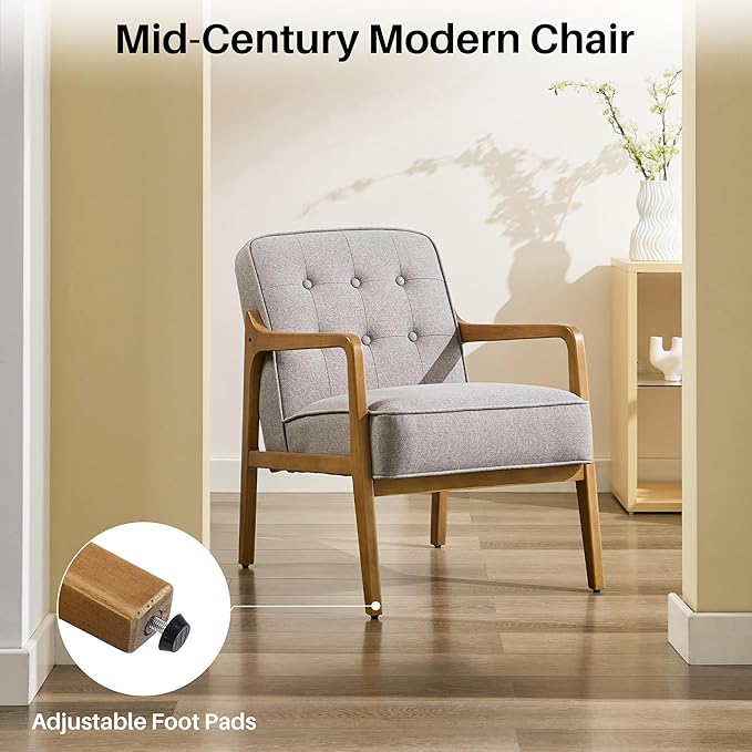 Linen Accent Chair, Mid Century Modern Chair for Living Room, Upholstered Comfy Lounge Armchair with Solid Wood Frame, Reading Side Chair for Bedroom,105°Ergonomic Comfort, Grey