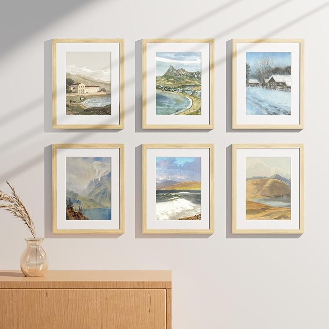 Vittanly 11x14 Picture Frames Set of 9, Shatter Resistant Plexiglass, Display 8x10 Pictures with Mat or 11x14 without Mat, Photo Frames for Wall or Tabletop, Engineered Wood, OAK