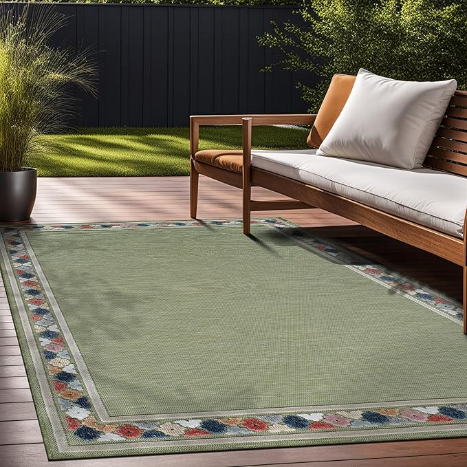 Beverly Rug Outdoor Rug 6x9 Modern Bordered Area Rugs for Indoor and Outdoor Patio Easy to Clean Non Shedding Living Room Porch Garden Washable Outside Carpet (6 x 9 Green)