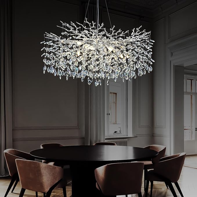 Modern Crystal Chandeliers for Dining Room, 40" Round Silver Tree Branches Chandeliers, Large Dining Room Over Table Chandeliers Lights Fixture, Branches and Crystals Ceiling Light Fixtures