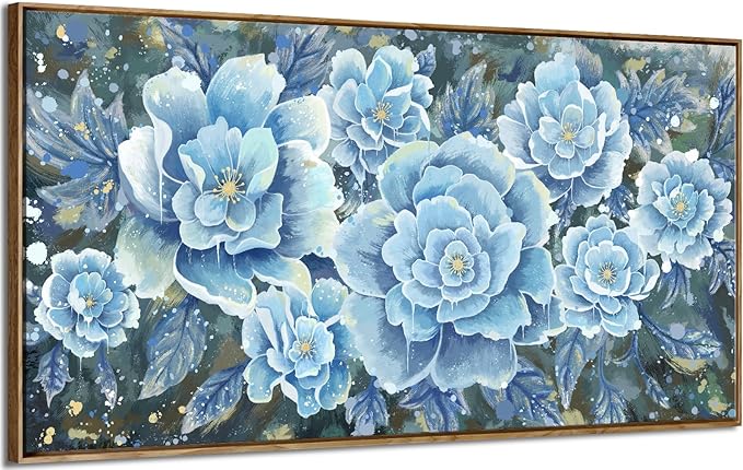 Large Blue Wall Art Decor Modern Framed Wall Picture for Living Room Bedroom Office Decor Floral Canvas Art Prints Botanical Wall Picture Abstract Peony Flower Horizontal Artwork Ready to Hang 48x24