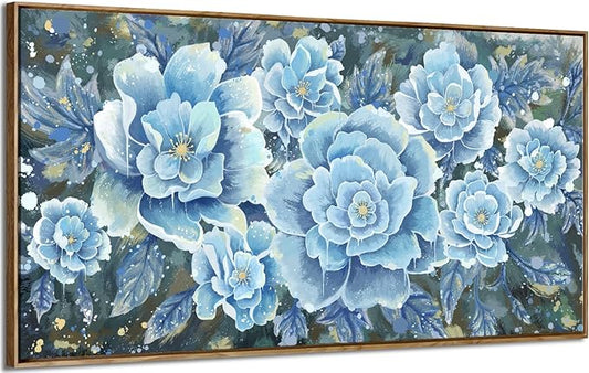 Large Blue Wall Art Decor Modern Framed Wall Picture for Living Room Bedroom Office Decor Floral Canvas Art Prints Botanical Wall Picture Abstract Peony Flower Horizontal Artwork Ready to Hang 48x24
