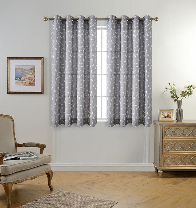 MIUCO Floral Embroidery Semi Sheer Curtains Faux Linen Grommet Curtains for Bedroom 52 x 63 Inch 2 Panels, Grey