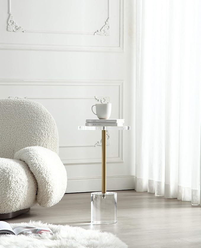 Clear Acrylic End Table,Side Table,Brushed Brass Metal,Round,for Office, Living Room and Bedroom,Easy Assembly,12x12 inch，21.3 inch high