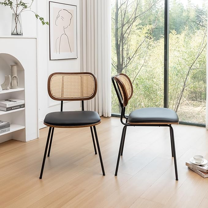 Rattan Dining Chairs Set of 2, Mid Century Modern Dining Chairs with Cane Back for Kitchen Dining Room, 19 Inch Faux Leather Black