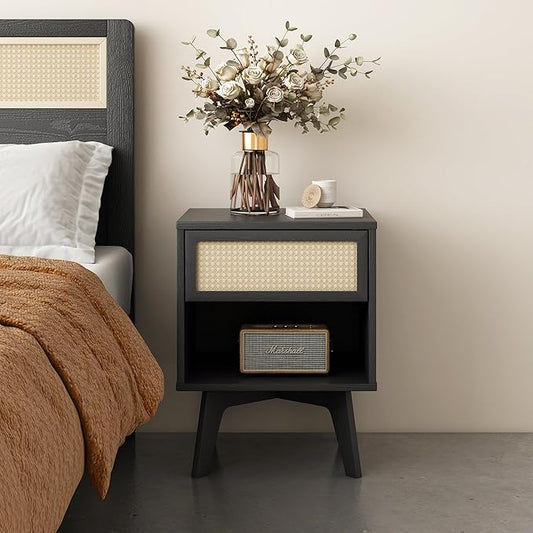 MUSEHOMEINC Nightstand, Boho Bedside Table with Rattan Drawer Open Shelf, Black Wooden Night Stand with Storage, Mid Century Modern End Table for Bedroom, Living Room,Dorm and Small Spaces