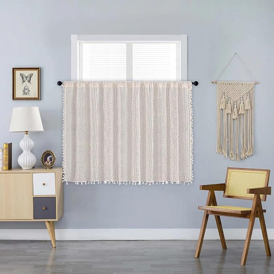 Sutuo Home Boho Sheer Curtain Valance Tier Crochet Lace with Bohemian Hollow Knitted Handmade Tassels, Short Farmhouse Window Treatment for Kitchen Cafe, Rod Pocket, 1 Panel 59" W x 36" L, Beige