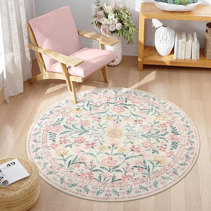 Wonnitar Pink Floral Round Rugs 5ft, Soft Circle Rug Non Slip Washable Round Carpet, Boho Non-Shedding Flower Distressed Circle Carpets for Bedroom Girls Room Nursery