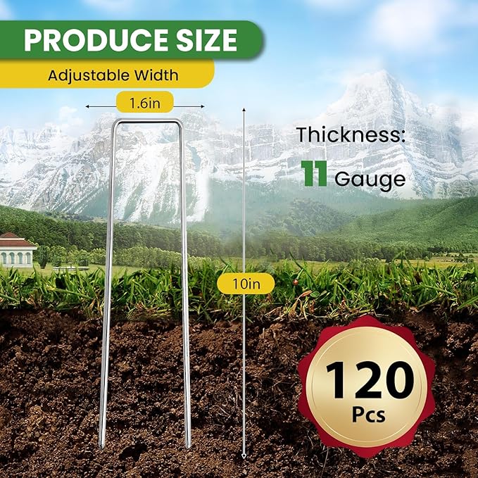 Landscape Staples Galvanized 10 Inch 120 Pcs, Metal Garden Stakes 1.6 Inch, Garden Staples for Lawn 11 Gauge