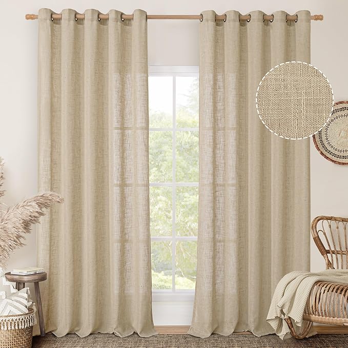 LAMIT Linen Curtains 84 Inches Long for Living Room, Bronze Grommet Linen Light Filtering Window Treatments Semi Sheer Burlap Drapes for Bedroom,2 Panels Set 60 x 84 Inch, Brown