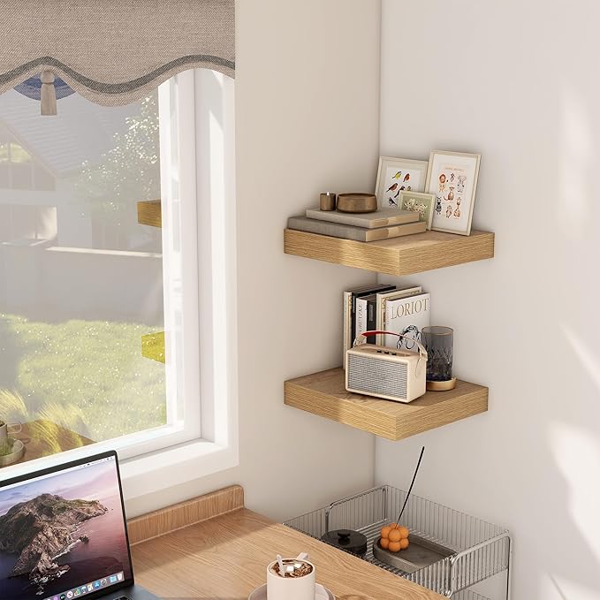 Fun Memories 12 Inch Floating Shelf, Rustic Wood Wall Shelves for Wall Decor & Storage, 12 x 12 Floating Shelf for Living Room, Bathroom, Bedroom, Oak, Set of 2