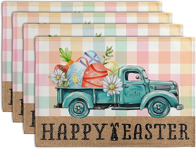 Happy Easter Placemats Set of 4 Pink Yellow Blue Buffalo Plaid Truck Eggs Daisy Easter Table Mats Spring Seasonal Linen Place Mat Washable Place Mats for Party Kitchen Dining Outdoor Indoor Decor