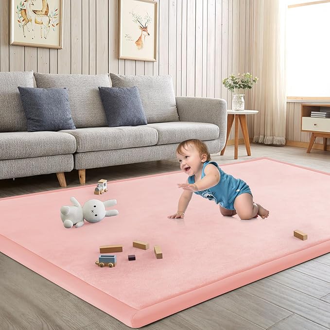 Baby Play Mat for Floor Tummy Time Mat Nursery Rug Muscle Area Rug Playroom Tatami 79"x138" Memory Foam 1.3" Thick Crawling For Babies,Toddlers, Infants, Kids,Floor(Pink)