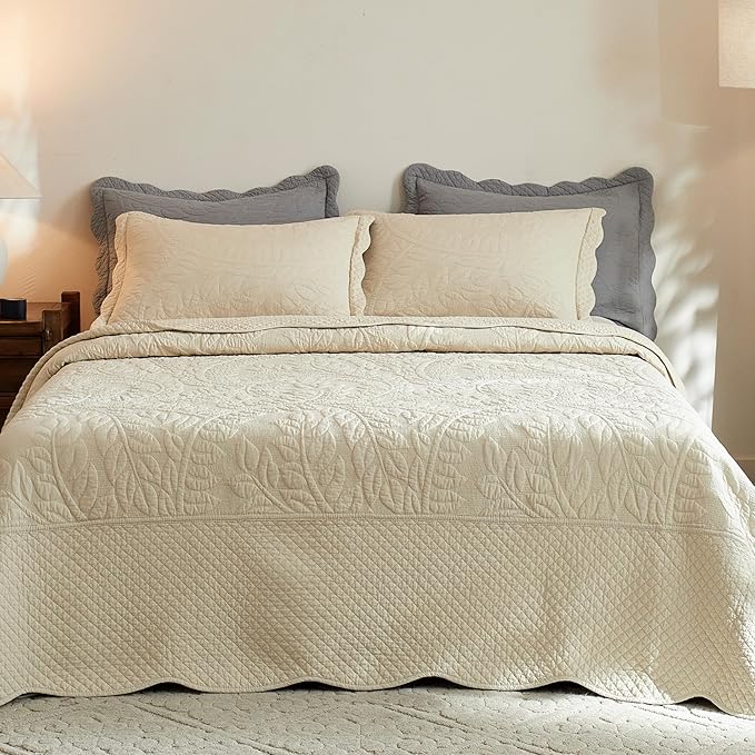 MarCielo 3-Piece 100% Cotton Oversized Bedspread Lightweight Quilt Coverlet Embroidery Farmhouse Bedding Set T0 (Yellowish Beige, Oversized King (118"x106"))