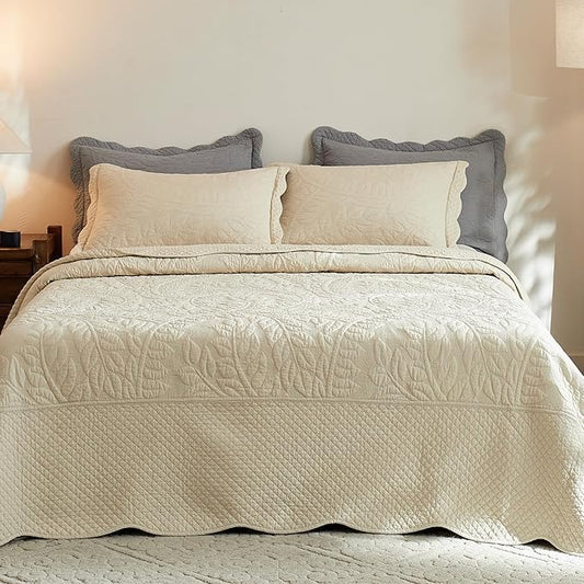MarCielo 3-Piece 100% Cotton Oversized Bedspread Lightweight Quilt Coverlet Embroidery Farmhouse Bedding Set T0 (Yellowish Beige, Oversized King (118"x106"))