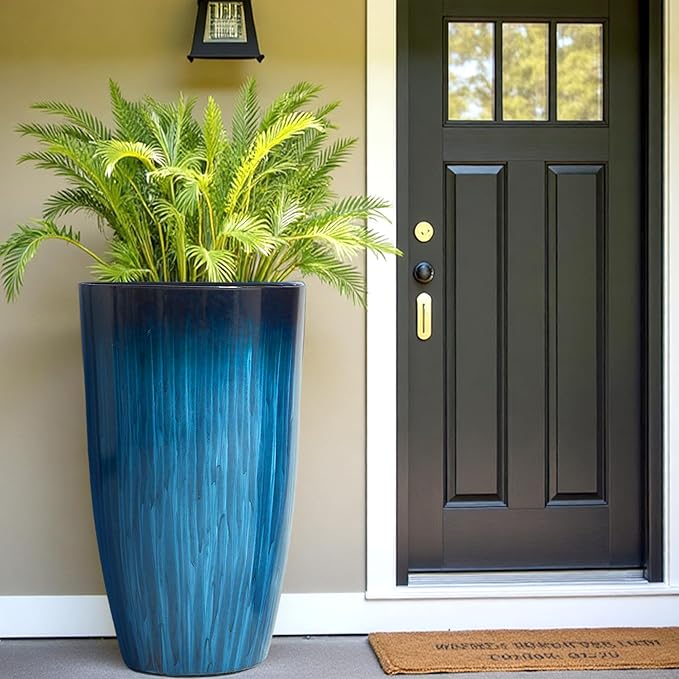 Worth Garden 20" H. Large Plastic Planters - Set of 2 Gradient Blue Glossy Smooth Finish - Tall Plant Pots for Indoor & Outdoor Use - Decorative Lightweight Flower Pots for Front Porch, Patio, Deck