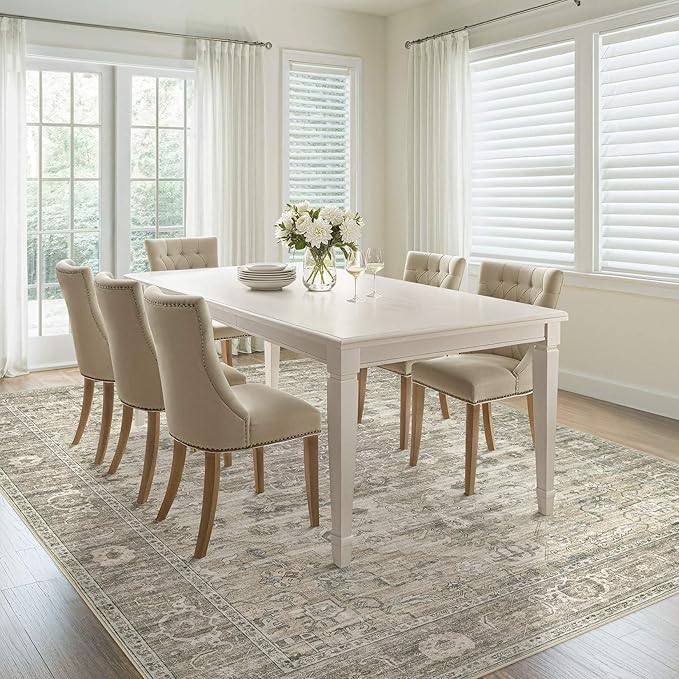 Washable Area Rugs for Living Room -8x10 Neutral Vintage Distressed Floral Farmhouse Boho Large Soft Floor Rug Indoor Non Slip Carpet for Living Room Bedroom Dining Room Office - Brown/Tan