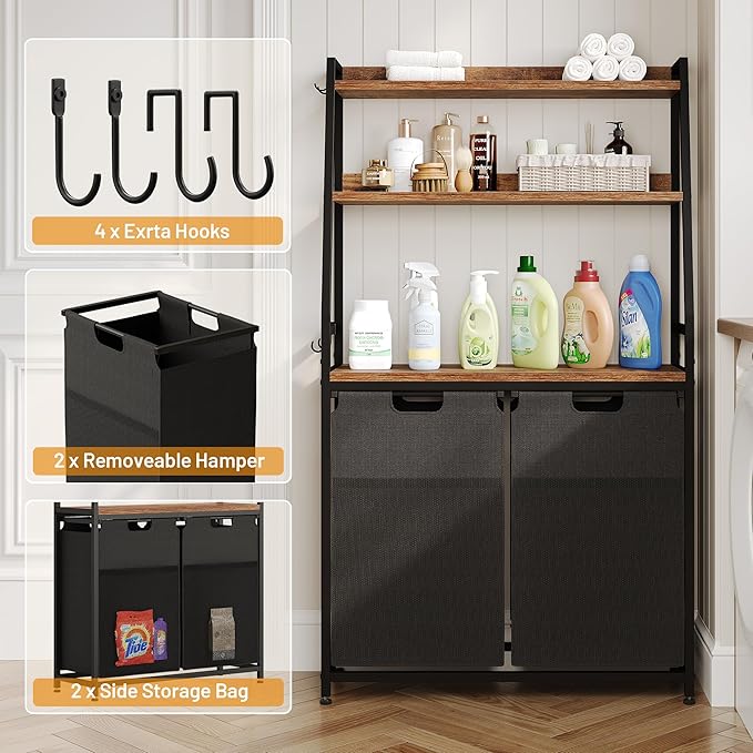 Lulive Double Laundry Hamper with Shelf, Laundry Basket with 3 Tier Storage Shelves & 4 Removable Hooks, Tall Laundry Sorter Clothes Hamper with Pull-Out Bags for Bathroom, Laundry Room