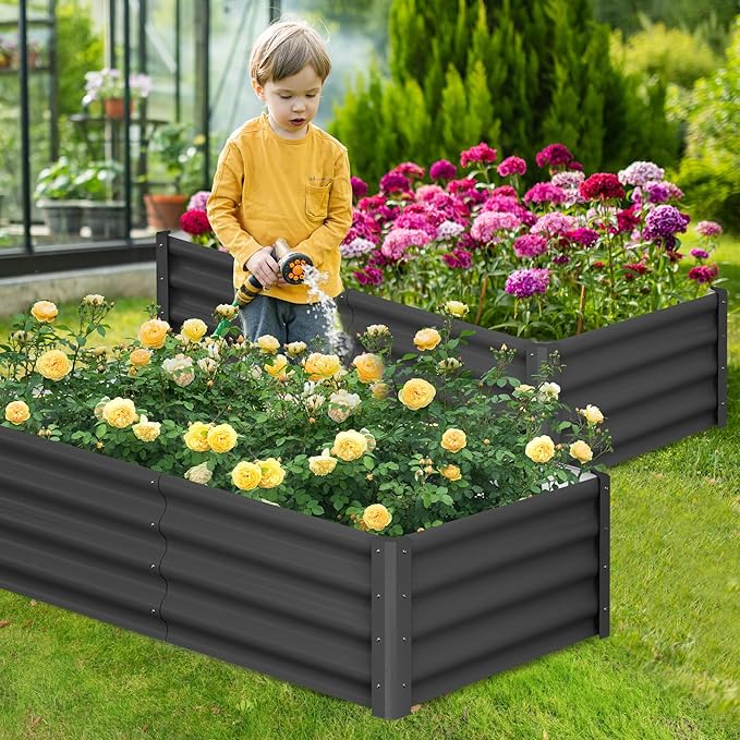 Galvanized Raised Garden Bed Outdoor, 2 Pcs 6x3x1FT Outdoor Large Planter Raised Beds Open Base with Safety Edge and Glove for Vegetables Flowers Ground Planter, Dark Gray