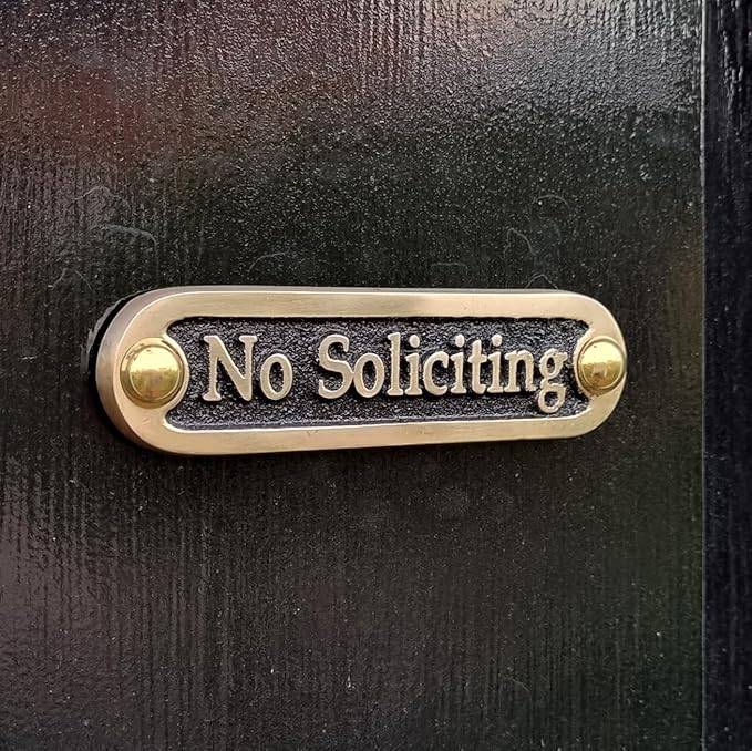No Soliciting Brass Door Sign. Traditional Style Home Décor Wall Plaque Handmade By The Metal Foundry UK.