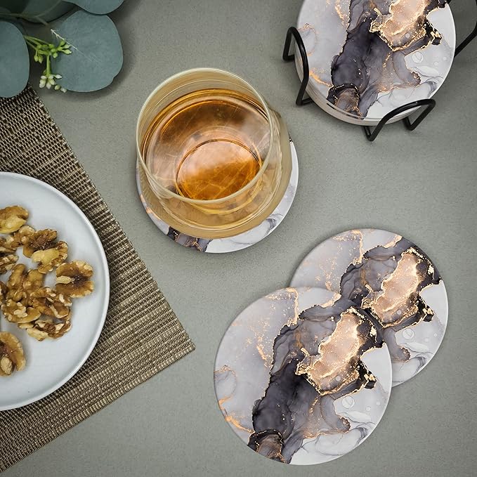 Emerson Coasters for Drinks Absorbent – Saucers Coffee Table Set of 6 with Holder, 100% Ceramic Wooden Tabletop Protection Marble Style, Non-Slip & Cork Bottom - Heavy Duty Drink Coasters (Crown)