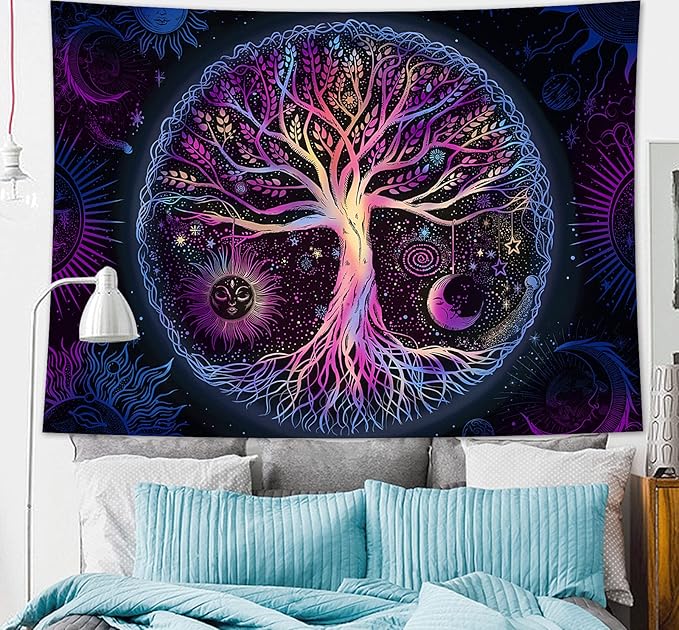 FORATER Tree of Life Tapestry Wall Hanging Colorful Life Tree Tapestries Aesthetic Sun and Moon Galaxy Wall Tapestry for Bedroom Living Room Dorm(53 x 61 Inch, Multicolor)