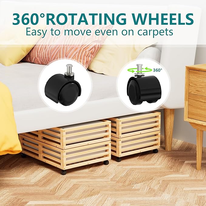 Bamboo Under Bed Storage Containers- Underbed Organizer with Wheels with Large Dust Bag,Sturdy Wood Rolling Under the Bed Shoe Storage Organizer Drawer 2 Packs (Nature, Small)