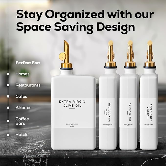 White Glass Olive Oil Dispenser Bottle for Kitchen by Brighter Barns - Avocado Oil Dispenser Set, Vanilla Syrup Bottle - Modern Decor, Gold Kitchen Accessories for Home, Airbnb, Cafe (White, Set of 2)