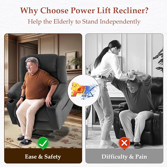Three Motor Large-Wide Power Lift Chairs Recliners for Big and Tall Elderly, 180° Lay Flat Lift Chair, Infinite Position, Power Headrest, Heat & Vibration Massage (Plush Flannel, Dark Gray)