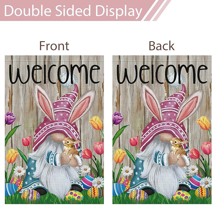 Welcome Easter Gnome Garden Flag 12x18 Double Sided Burlap, Funny Bunny Floral Small Yard Flag Banner for Holiday Farmhouse Outdoor Decor (ONLY FLAG)