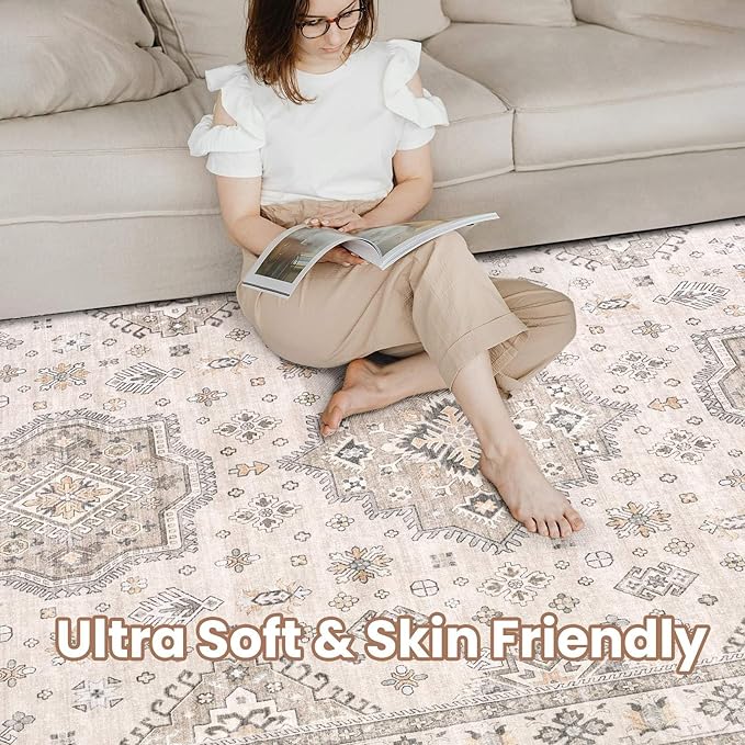 Washable Area Rugs for Living Room - 5x7 Neutral Vintage Distressed Floral Farmhouse Boho Large Soft Floor Rug Indoor Non Slip Carpet for Living Room Bedroom Dining Room Office - Beige Brown