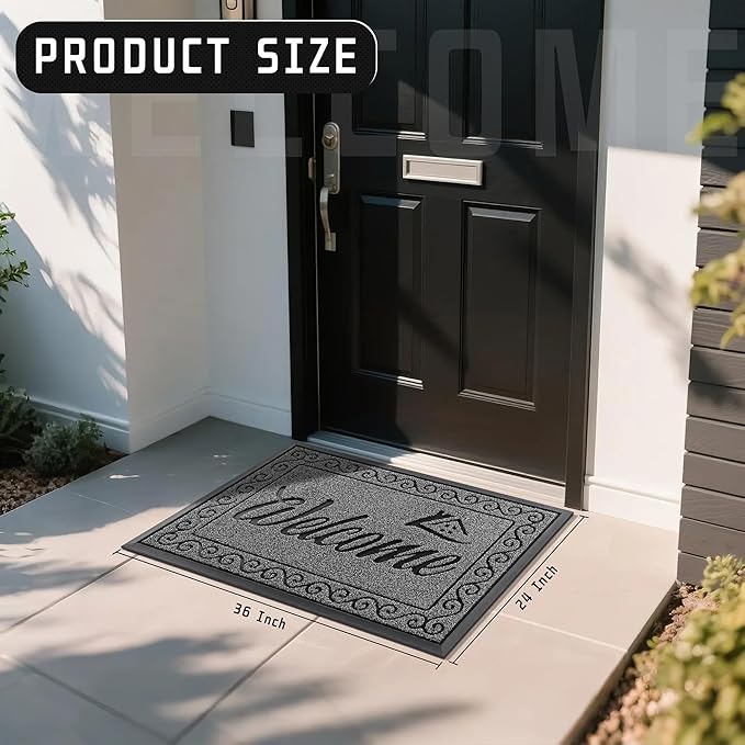 Yimobra Welcome Mat Outdoor Indoor, Waterproof Heavy Duty Front Door Mat Outside Entrance, Extra Sturdy Non-Slip Doormat, Low Profile, Dirt Trapping, 36x24 Inches, Black Gray