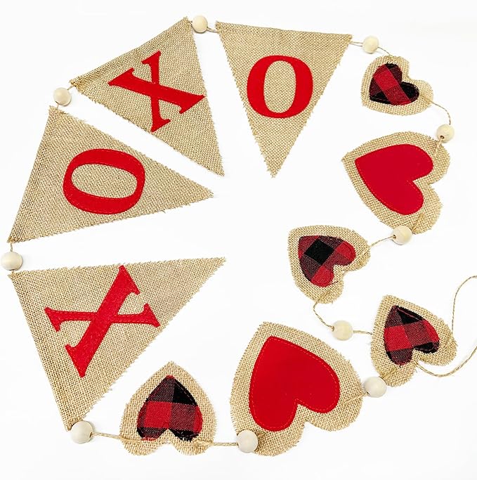 Valentine’s Day Party Decorations Felt XOXO Sign Triangle Pennant Banner Flag Buffalo Plaid Red Black Heart Burlap Garland with Wood Beaded for Wedding Birthday Valentine’s Day Party Supplies