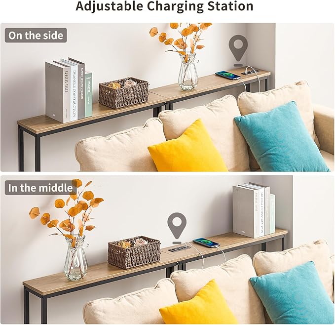 ELYKEN 5.9" Narrow Console Sofa Table with Power Outlets, 5.9" Dx39.4 Wx31.1 H Long Couch Table with Metal Frame and Charge Station with 6.5’ Extension Cord, White Oak