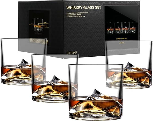Mount Everest Heavy Crystal Whiskey Glasses Gift Set of 4, Thick Freezable Bourbon Glass 1lb Each, Premium Whiskey Gifts for Men, Frozen Crystal Chills Cocktails, 10 oz