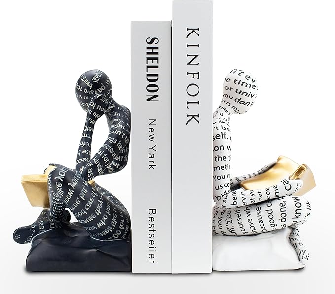 Heavy Duty Book Ends for Shelves, Thinker Decorative Bookends for Heavy Books, Unique Book Stoppers to Hold Book, Bookshelf Accessories, Modern Home Office Decor Aesthetic Black & White