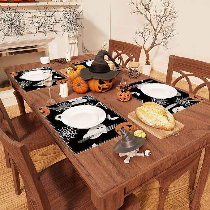 XCHI Boo Spooky Ghost Pumpkin Halloween Cloth Placemats Set of 6 Table Mats Table Decorations 12x18 Inch