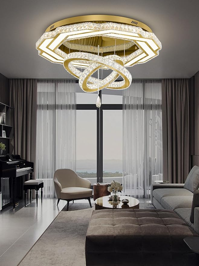 Flashing God Modern Crystal Chandelier,Large Ceiling Chandelier Gold Pendant Lighting Crystal Ceiling Light for Dining Living Room Bedroom