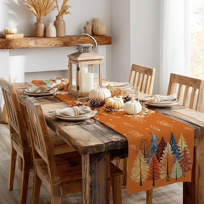 GEEORY Fall Watercolor Trees & Maple Leaves Table Runner 13x108 Inch, Rustic Farmhouse Autumn Thanksgiving Decor for Kitchen, Dining, Indoor/Outdoor Holiday Dinner Party Orange GT158-108