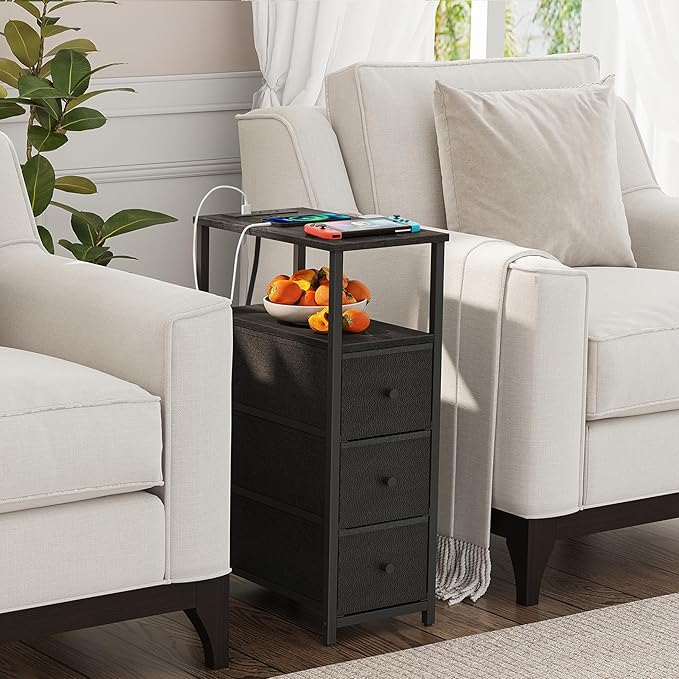 TUTOTAK Narrow Night Stand with Charging Station, Slim End Table with Plugins, Tall Side Table with 3 Fabric Drawer, Small Bedside Table with Storage, Set of 2, Living Room, Bedroom, Black TB01BK073