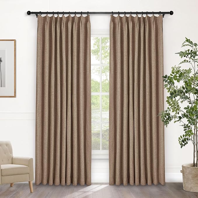 Macochico Pinch Pleated 100% Blackout Curtains Taupe Linen Curtains for Bedroom Living Room Farmhouse Thermal Insulated Window Panels Pleated Curtains with Hooks and Tieback 52”Wx72”L 1 Panel